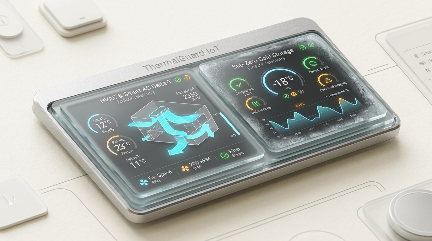 ThermalGuard IoT Dual Mode HVAC and Cold Storage Telemetry 3D Graphic